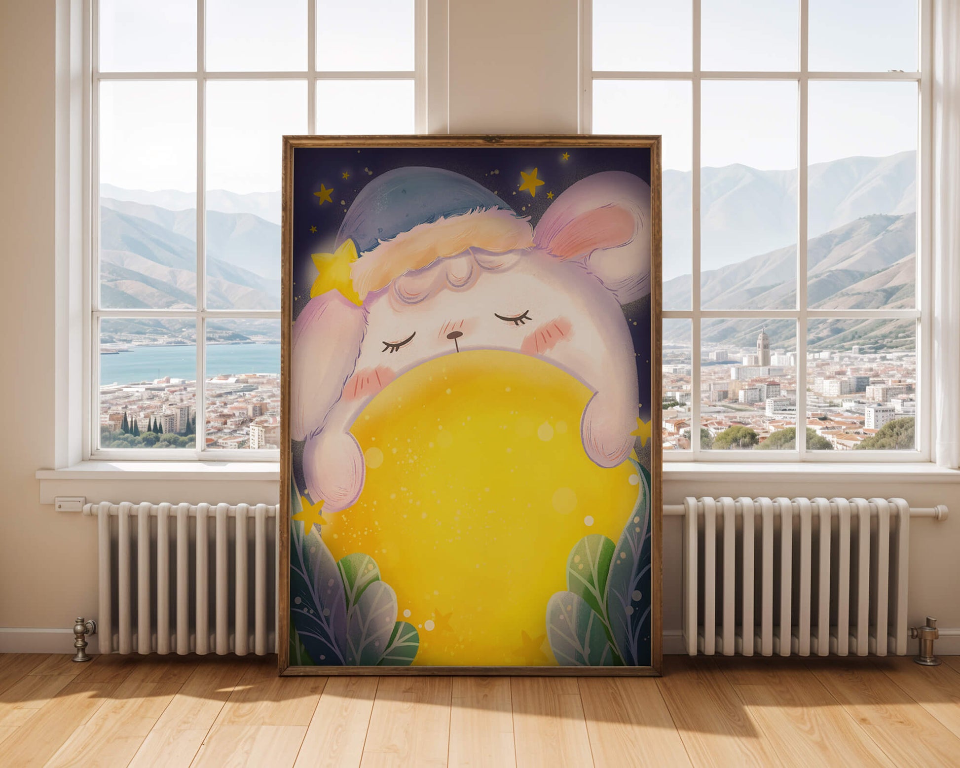 Sleepy rabbit with starry hat holding a glowing ball in a dreamy night scene