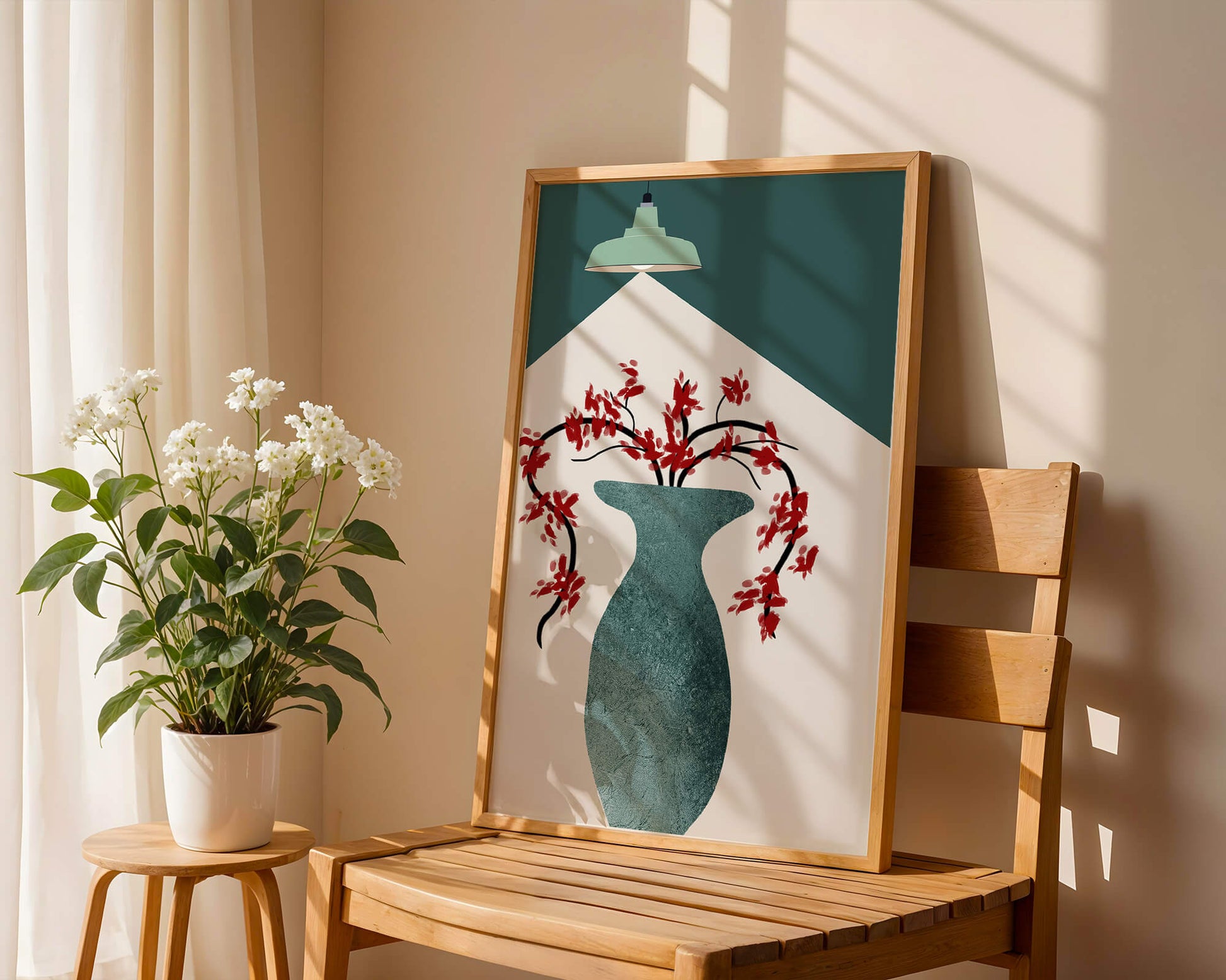 Modern Minimalist Vase with Red Flowers Under Green Lamp
