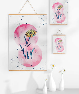 Abstract Floral Design with Pink Circles and Yellow Flower on White Background