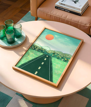 Serene Landscape with Road Leading to Sunset and Lush Greenery