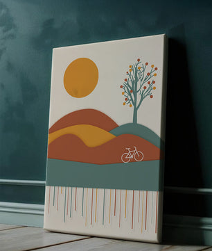 Abstract landscape with bicycle and tree in vibrant colors