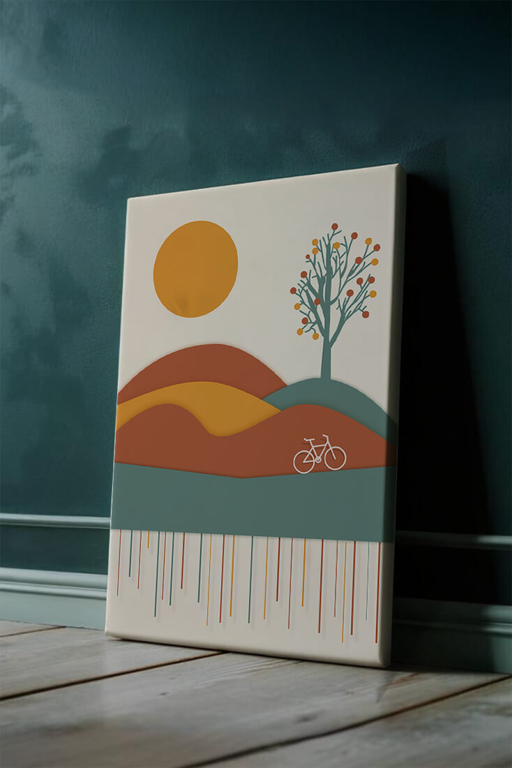 Abstract landscape with bicycle and tree in vibrant colors