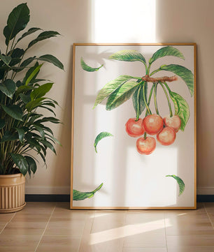 Ilustración realista de rama de cerezo con hojas verdes