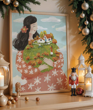 Femme fantaisiste tenant un paysage miniature avec famille et maisons