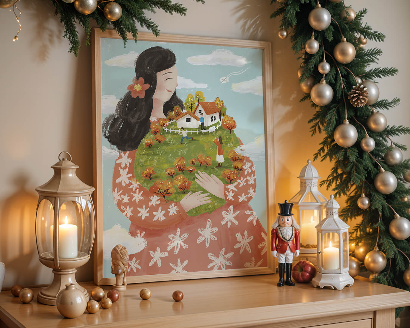 Whimsical Woman Holding Miniature Landscape with Family and Houses