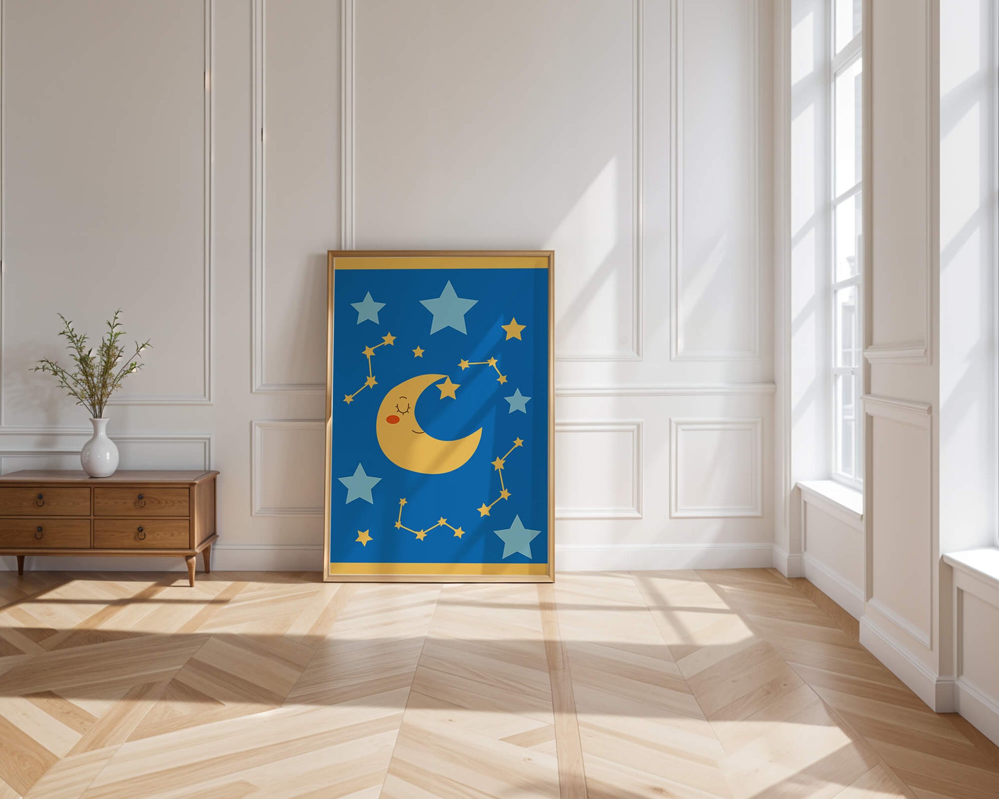 Whimsical children's room decor with smiling moon and stars