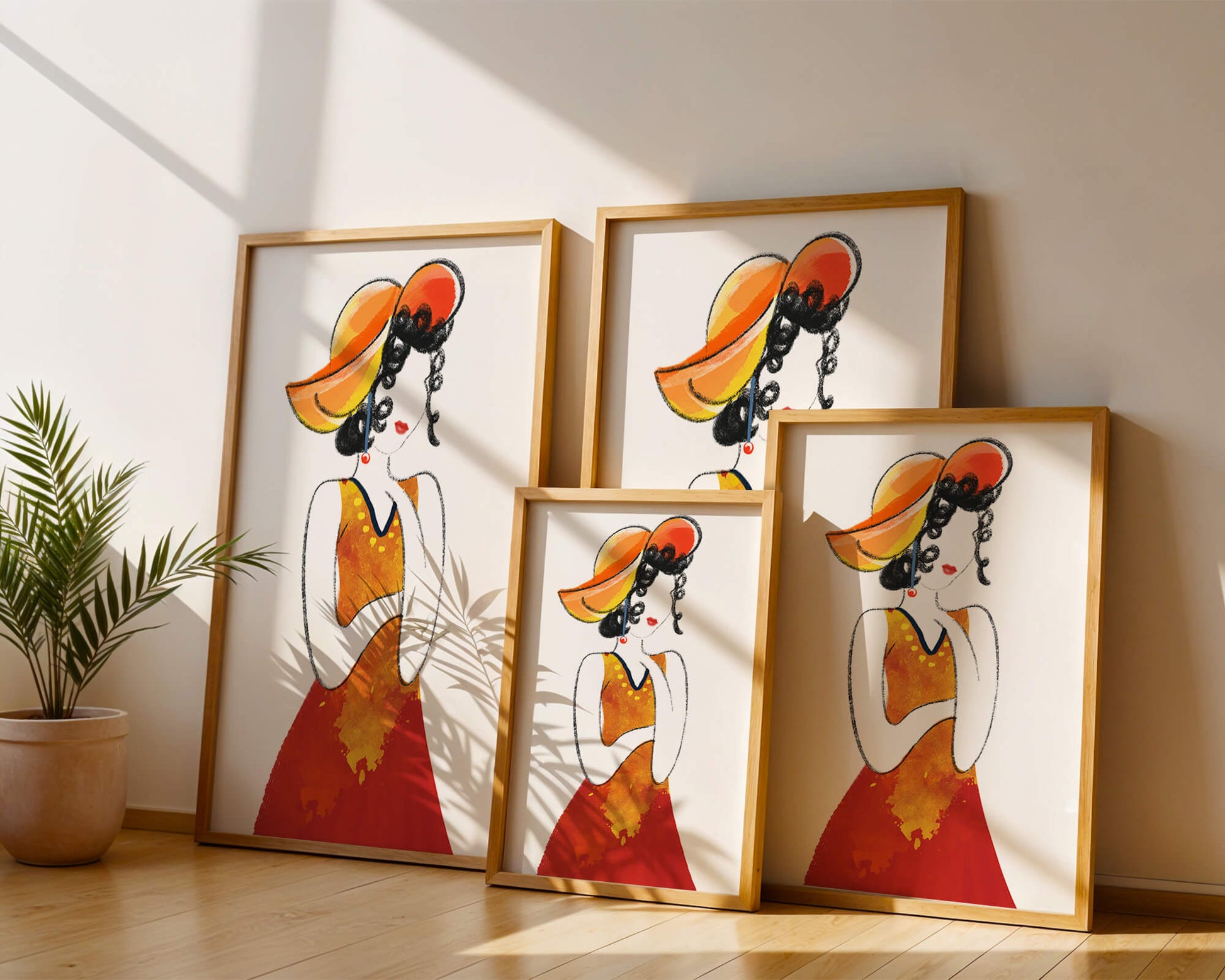 Elegant woman in a vibrant hat and dress illustration