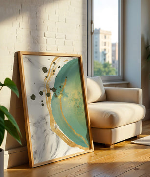 Elegant abstract design with gold accents and teal hues