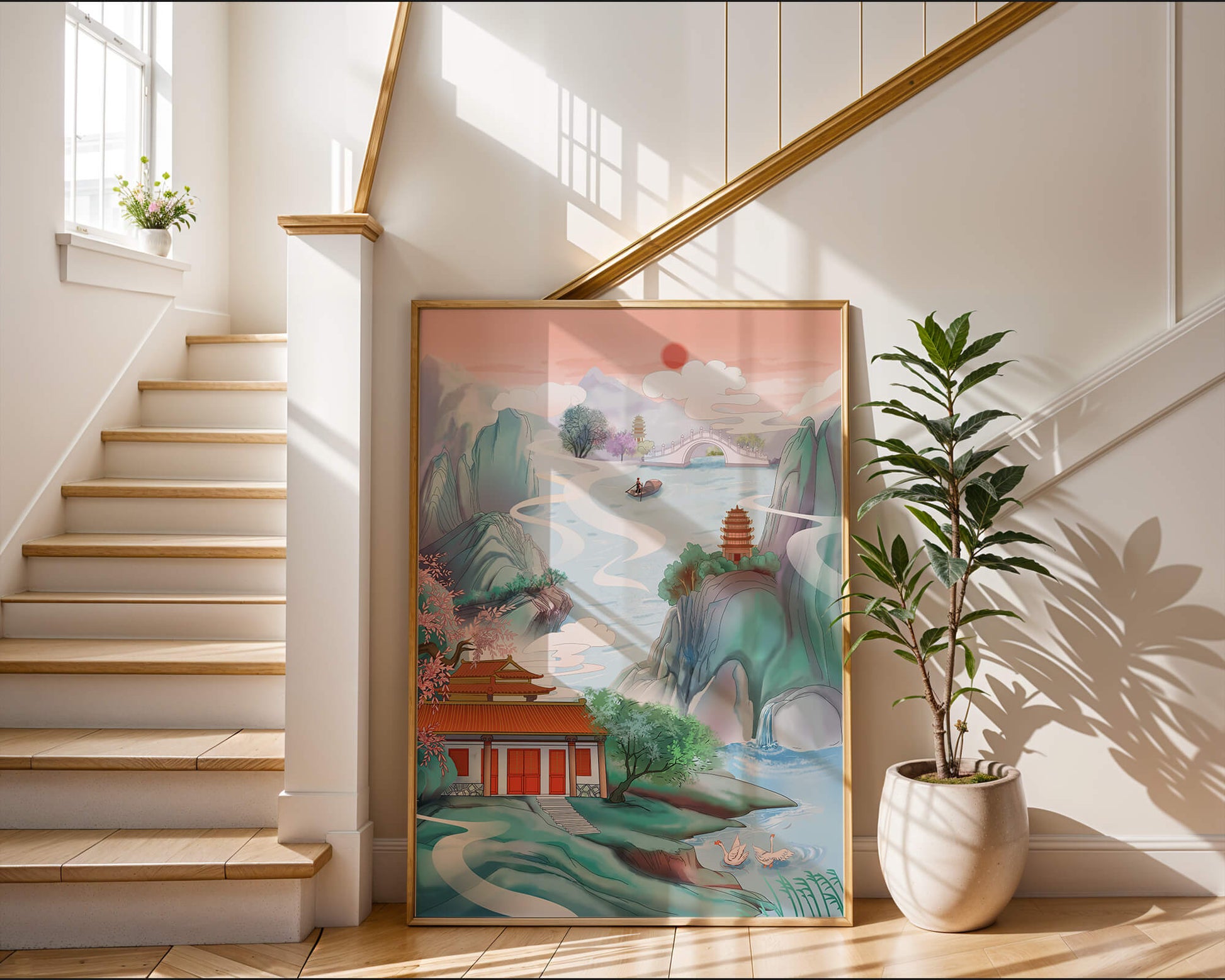 Serene landscape with traditional Asian architecture and nature elements