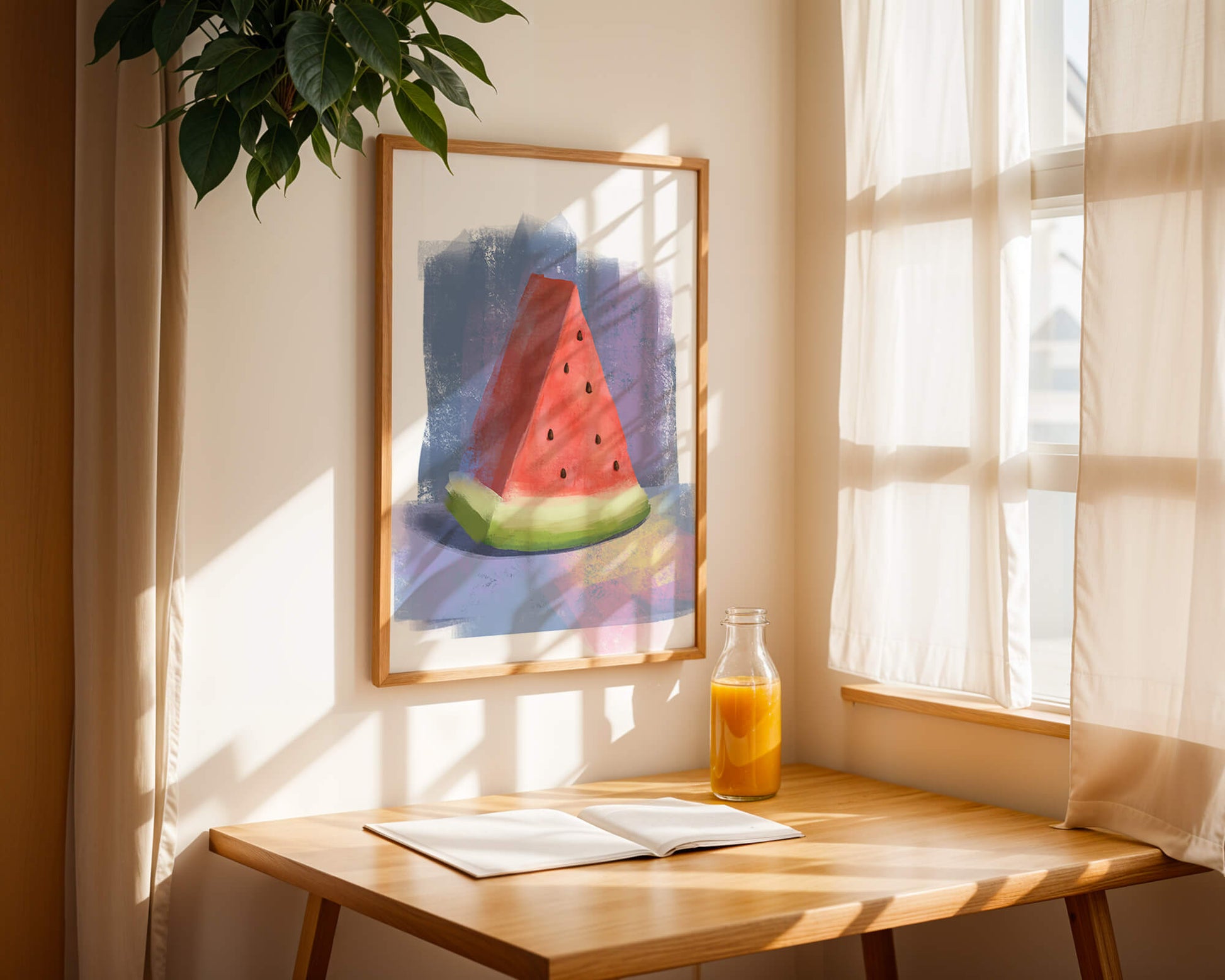 Watercolor illustration of a watermelon slice with abstract background