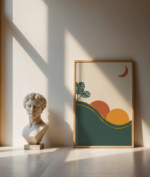 Minimalist Landscape With Mountains And Monstera Leaves At Sunset - Mi tienda