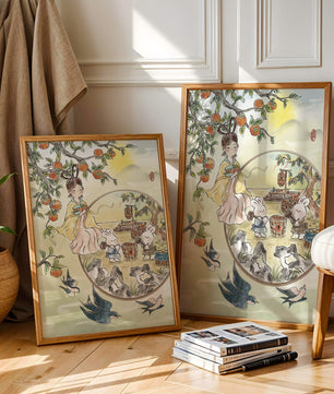 Charmante orientalische Szene mit Kaninchen, Mädchen und Kumquats in der Natur