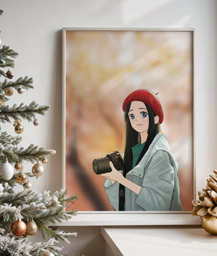 Chica de anime con boina roja sosteniendo una cámara durante el otoño