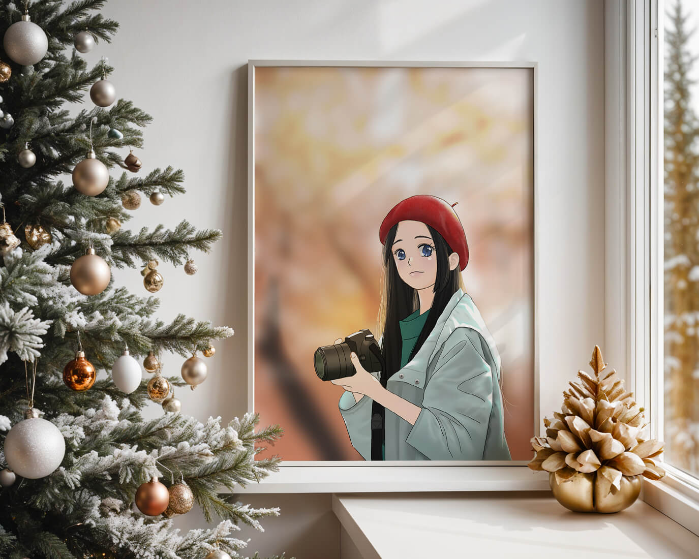 Anime girl in red beret holding camera during autumn