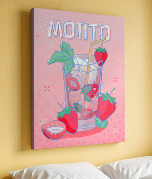 Ilustración de un mojito de fresa con fondo rosa vibrante y diseño juguetón