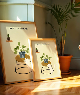 Ilustración encantadora de un gato con planta y mensaje inspirador