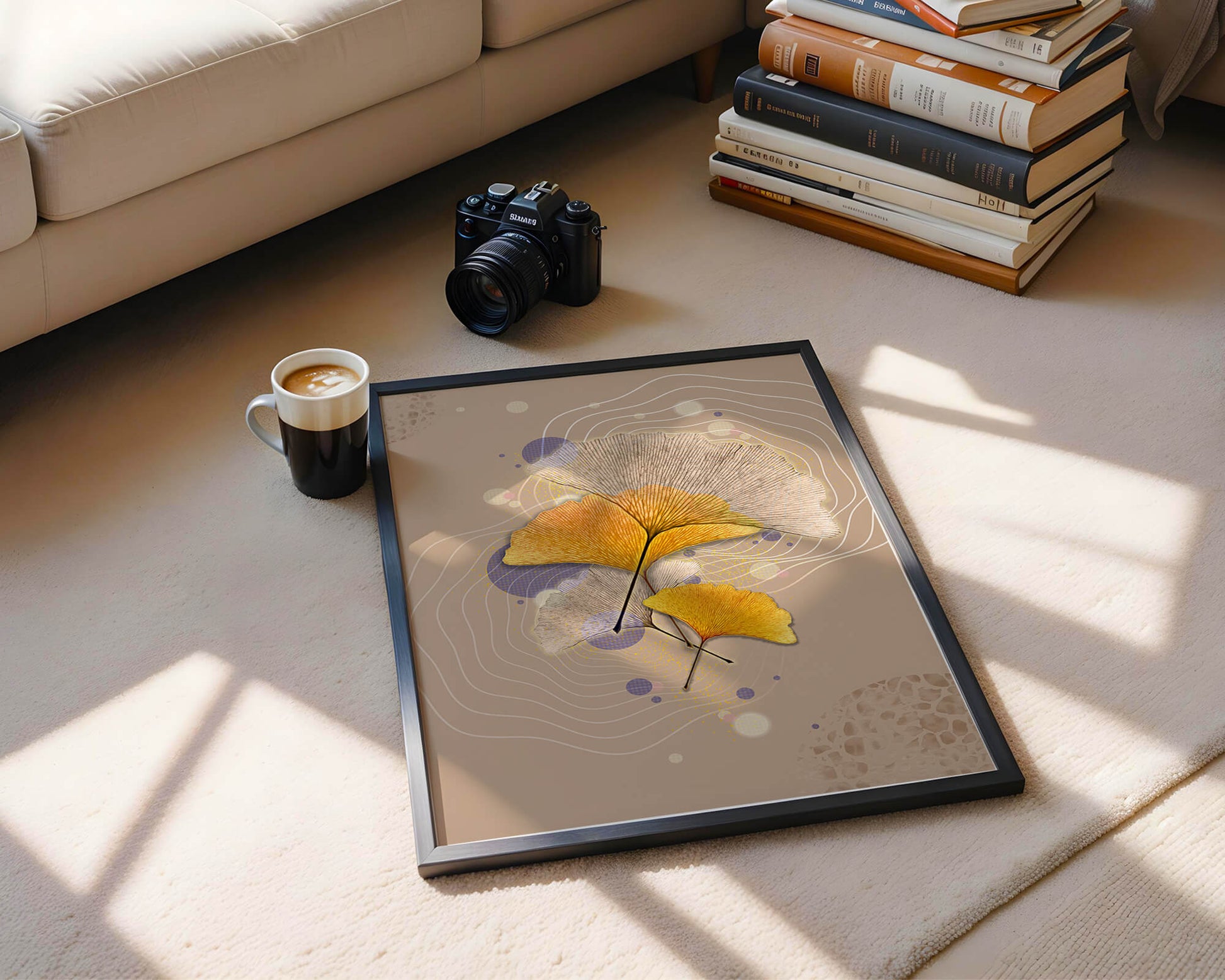 Elegant ginkgo leaves with abstract wavy and circular elements