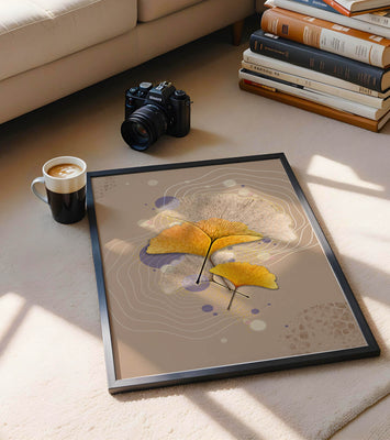 Elegant ginkgo leaves with abstract wavy and circular elements