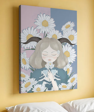 Ilustración de una niña con margaritas y cuernos sobre un fondo pastel