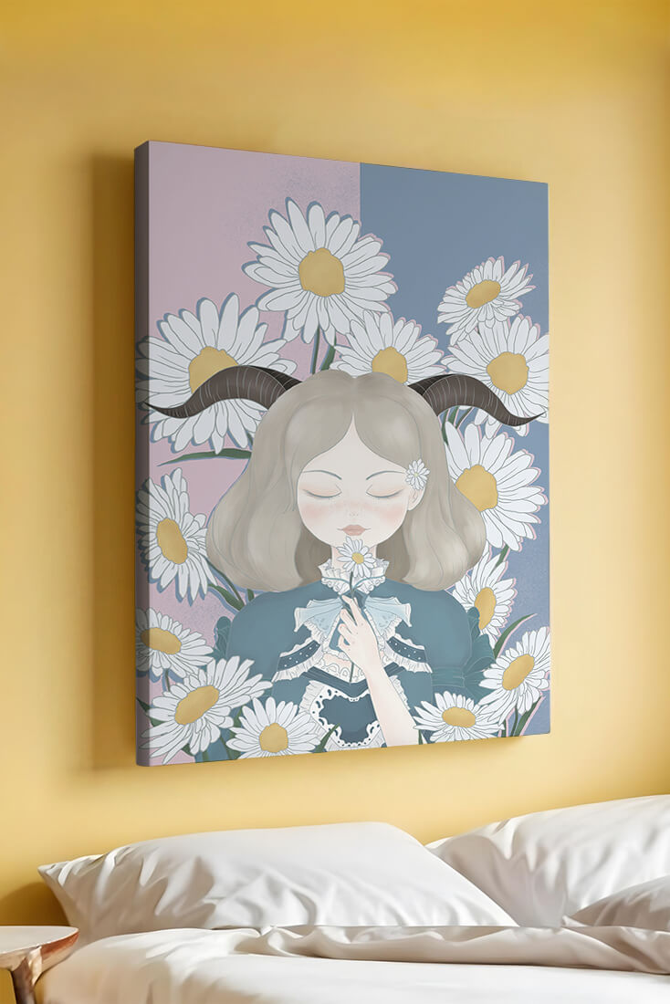 Illustration of girl with daisies and horns on a pastel background
