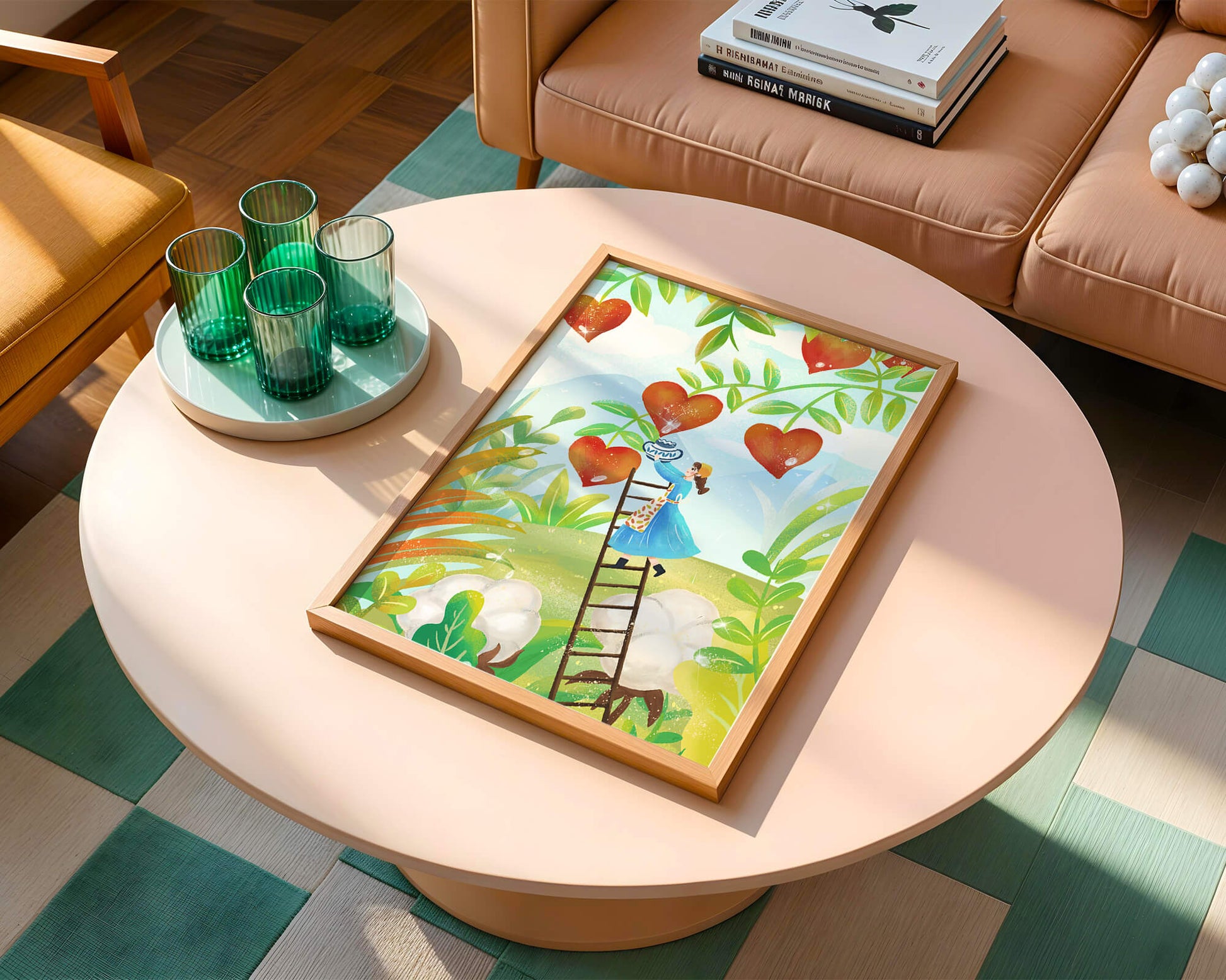 Mujer recolectando frutas en forma de corazón en el vibrante campo