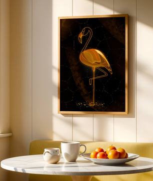 Elegant golden flamingo on abstract dark background