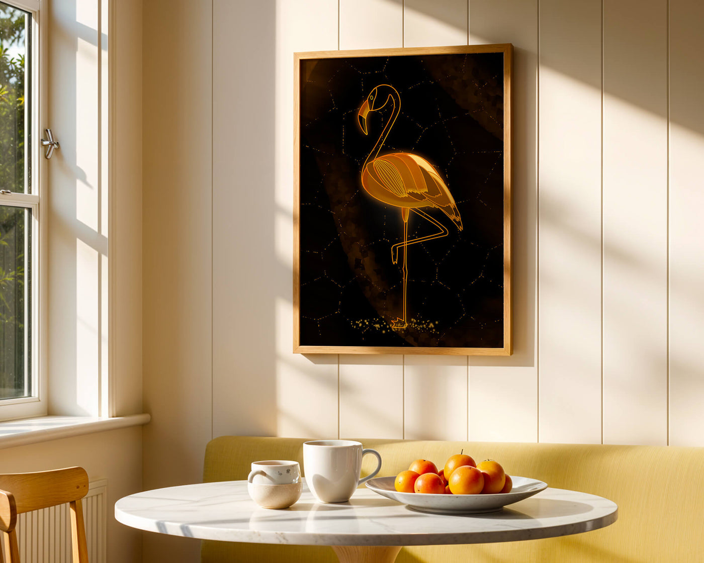 Elegant golden flamingo on abstract dark background