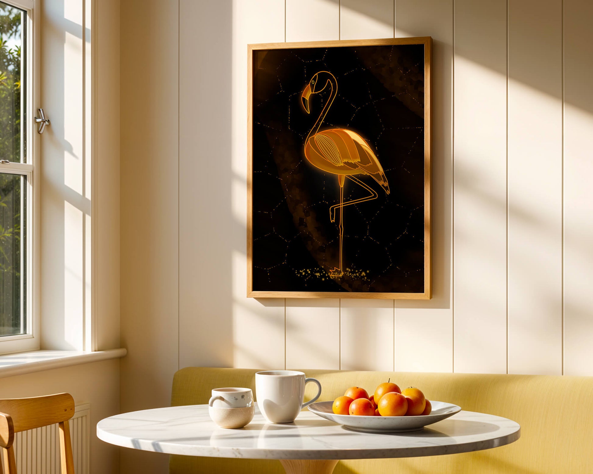 Elegant golden flamingo on abstract dark background