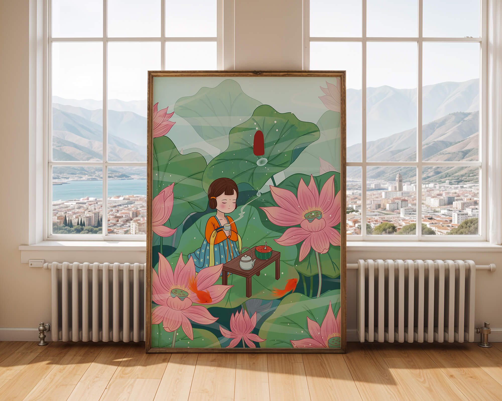 Serene illustration of a girl enjoying tea among lotus flowers