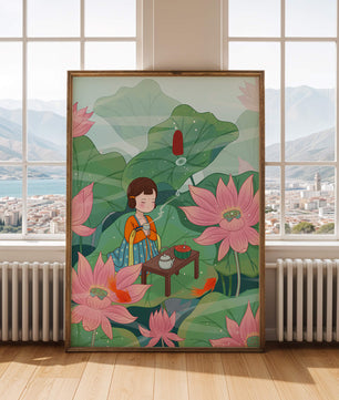 Serene illustration of a girl enjoying tea among lotus flowers