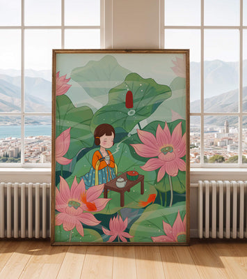 Serene illustration of a girl enjoying tea among lotus flowers