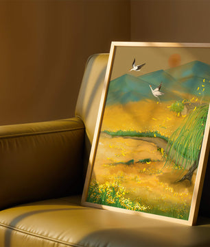 Ruhige Landschaft mit fliegenden Kranichen und goldenen Blüten