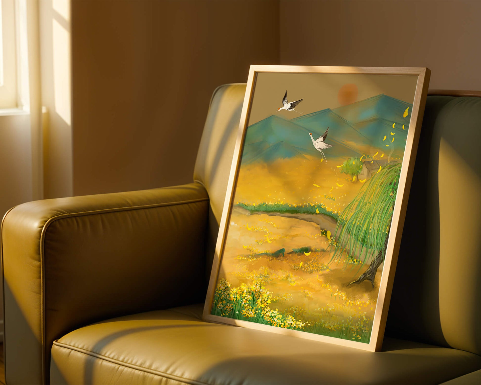 Ruhige Landschaft mit fliegenden Kranichen und goldenen Blüten