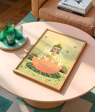 Heitere Illustration einer meditativen Figur auf einem Lotus mit himmlischem Hintergrund