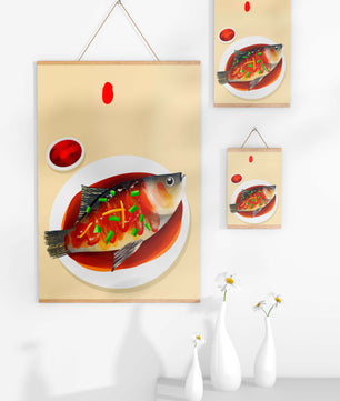 Illustration of a colorful fish dish with garnish