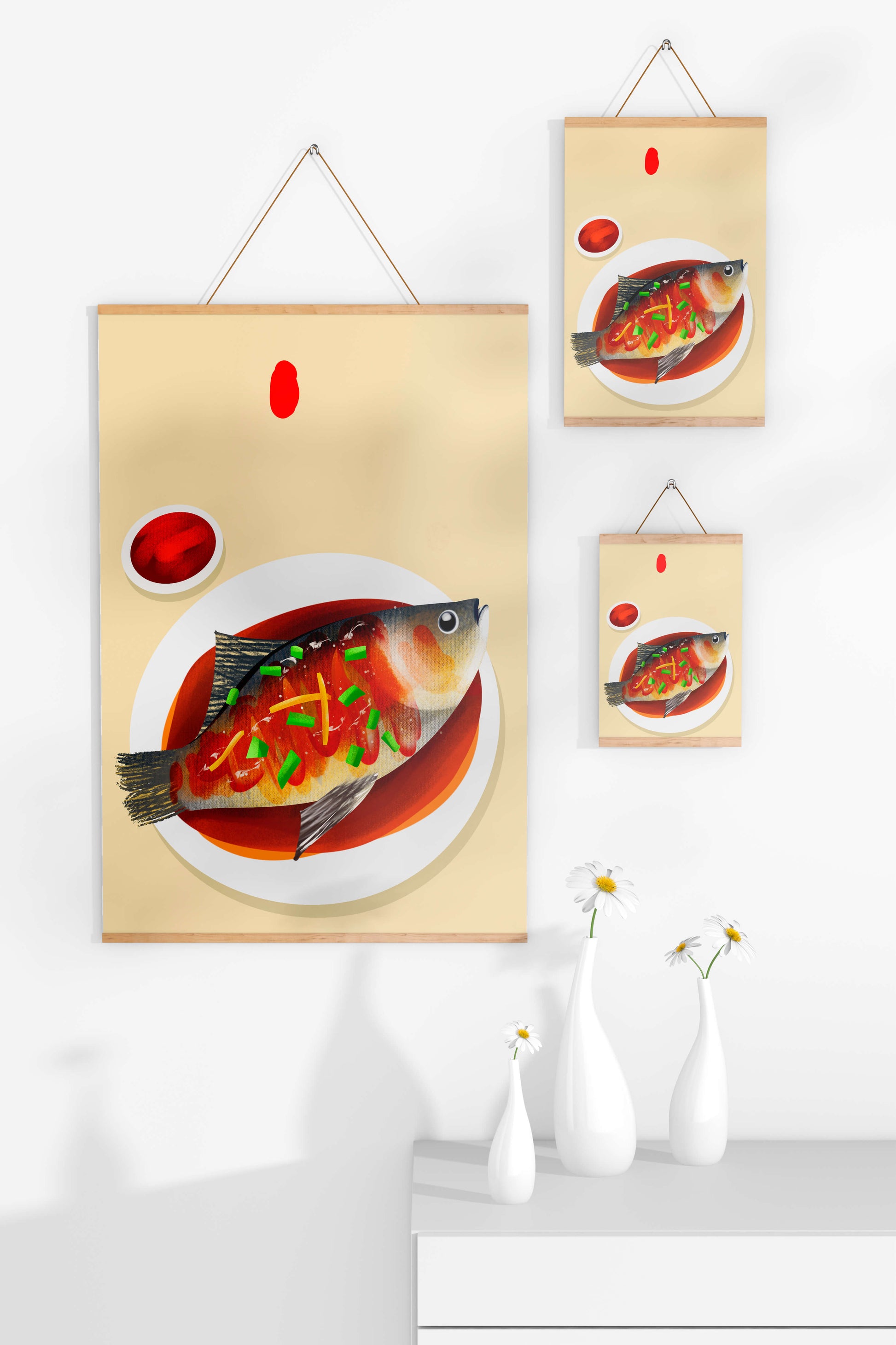 Illustration of a colorful fish dish with garnish