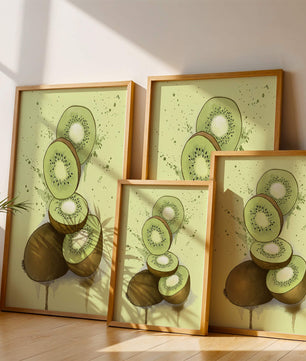 Watercolor illustration of sliced kiwi fruit with splashes