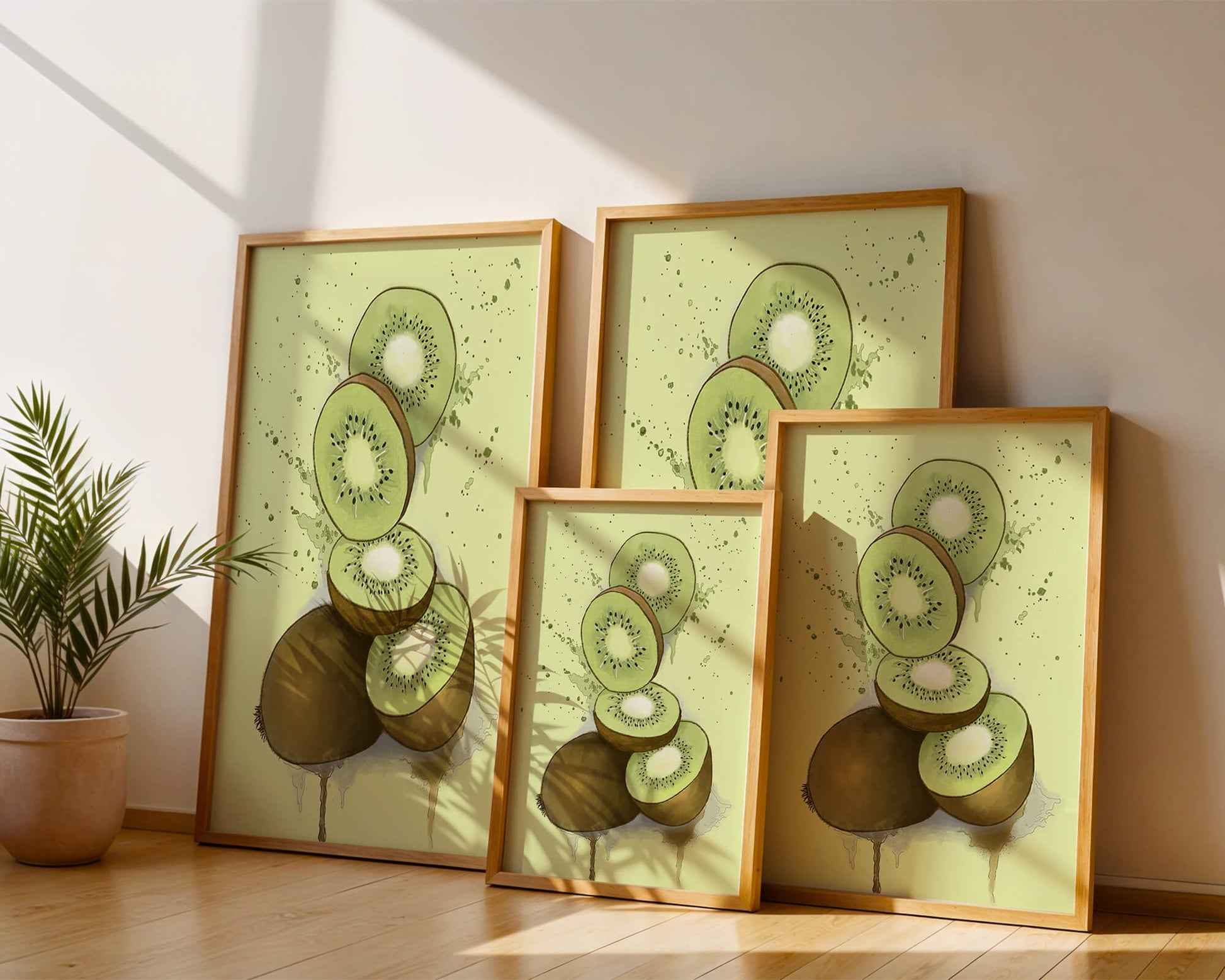 Watercolor illustration of sliced kiwi fruit with splashes