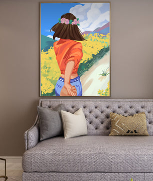 Woman in Nature with Floral Headband and Holding Hands on a Sunny Day