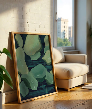 Green lily pads on a dark water background illustration