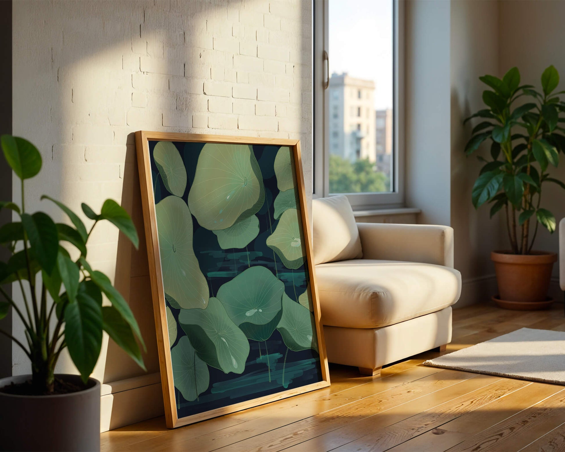 Green lily pads on a dark water background illustration