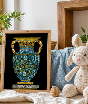 Jarrón de mosaico detallado con piedras preciosas doradas y azules sobre fondo negro