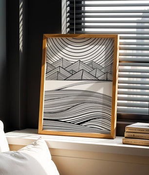 Abstract Black and White Geometric Landscape with Line Art