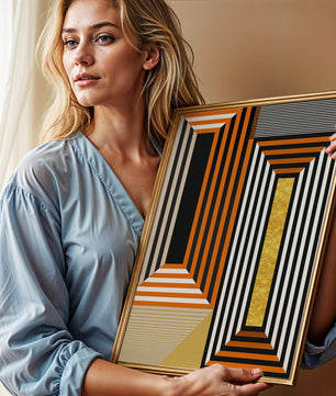 Arte abstracto geométrico con rayas y elemento dorado en naranja, negro y blanco