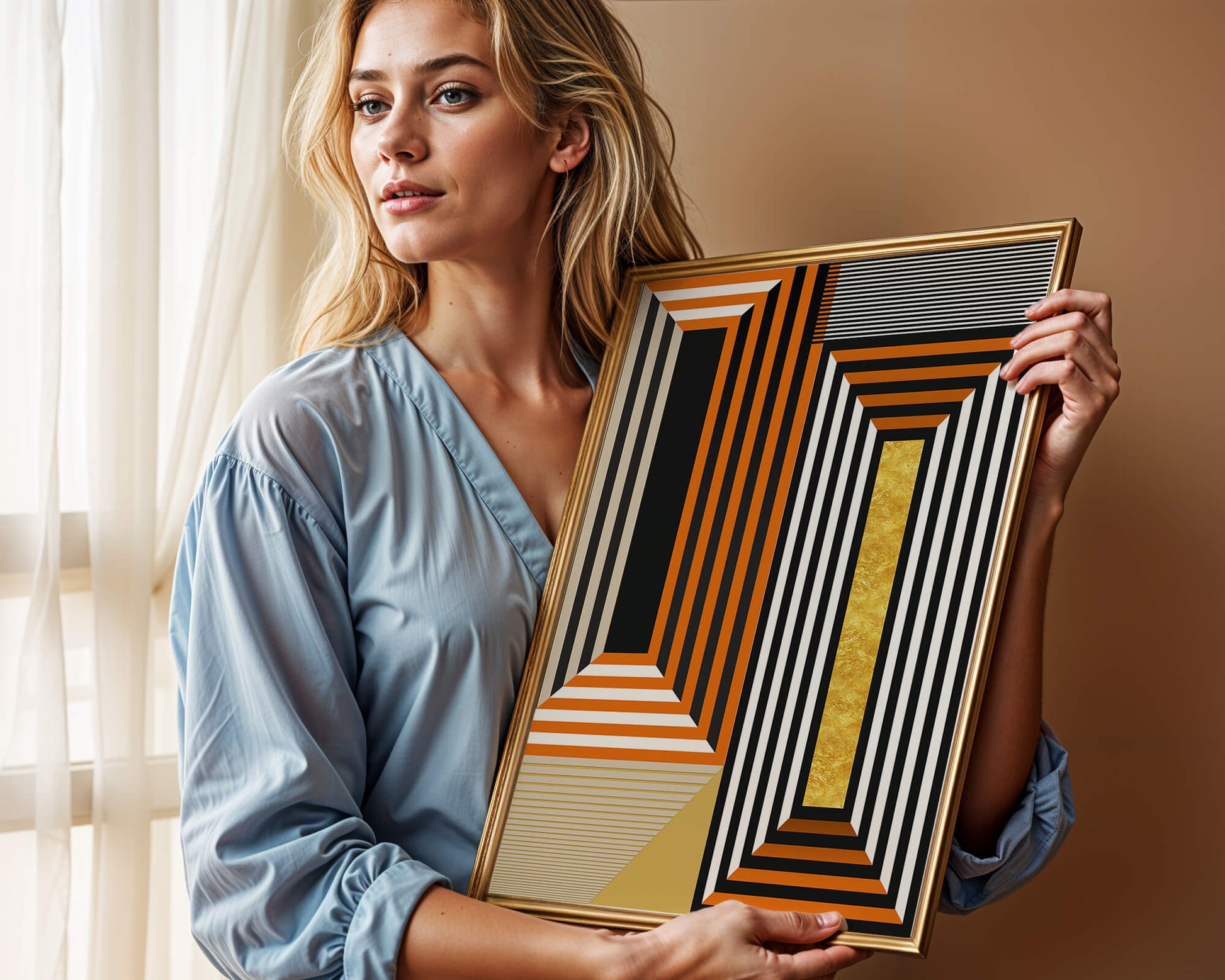 Geometric Abstract Art with Stripes and Gold Element in Orange, Black, and White