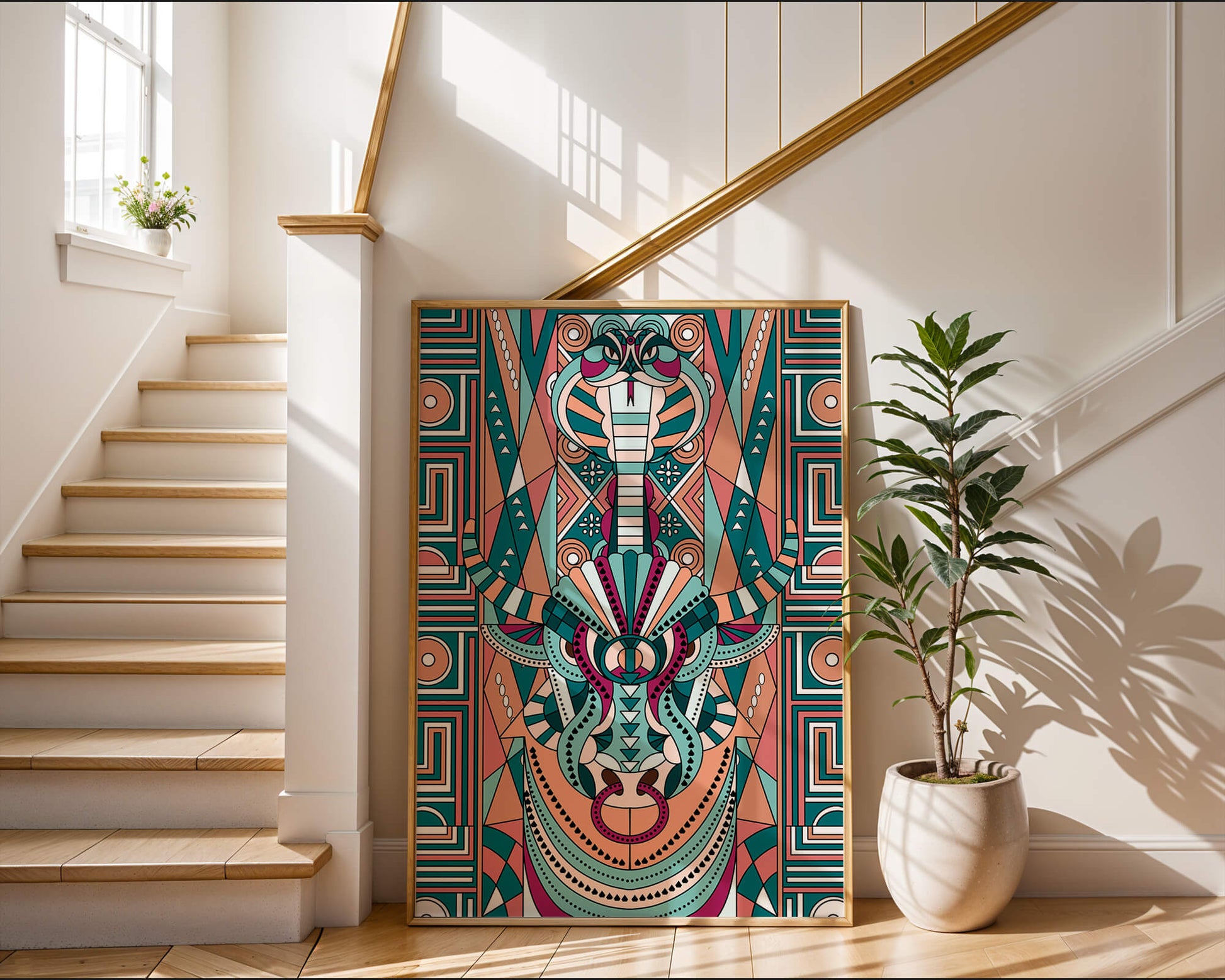 Ilustración art déco geométrica intrincada de serpiente y toro