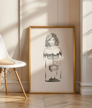 Surreal illustration of a woman with abstract ribcage and melting effect