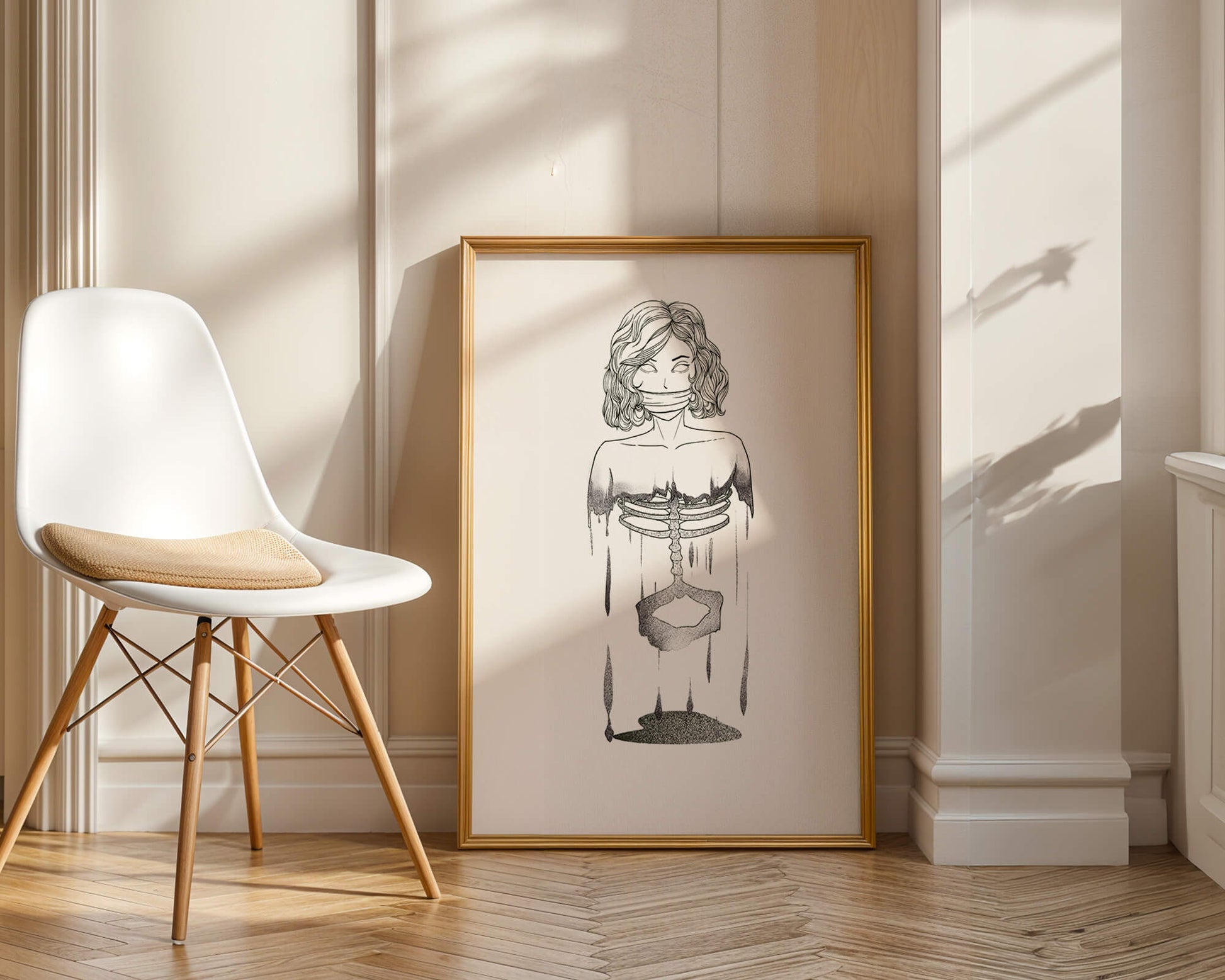 Surreal illustration of a woman with abstract ribcage and melting effect