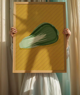 Illustrated bok choy on vibrant yellow background with stripes