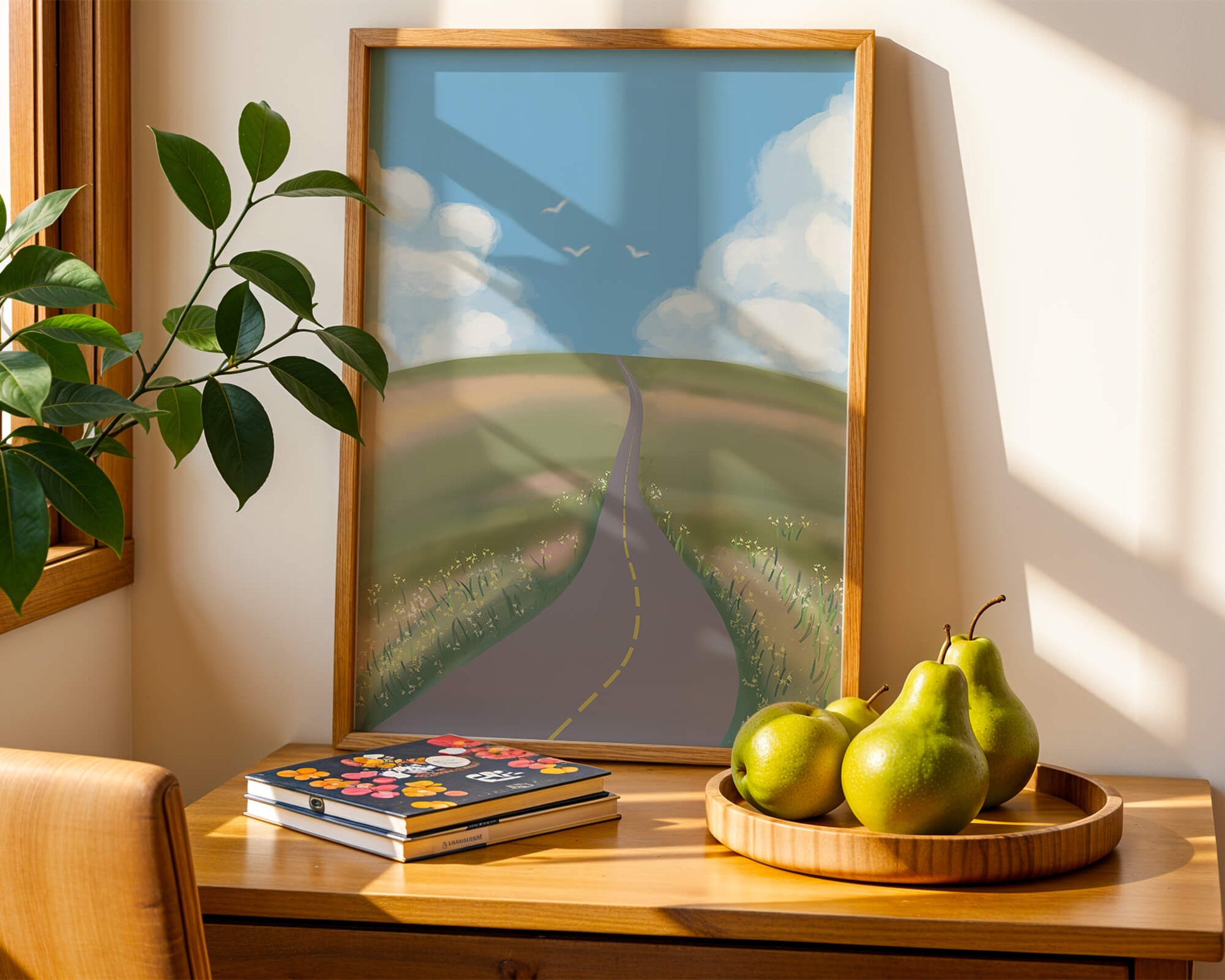 Serene countryside road with vibrant sky and rolling hills